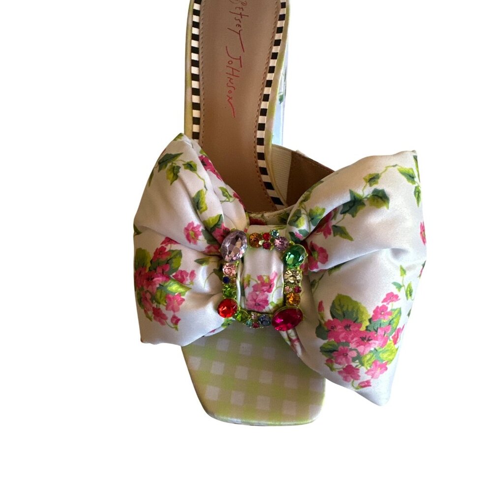 Betsey Johnson Possie Floral Satin Platform Mule Heels‎  Jewel Buckle Size 10M - Picture 3 of 7